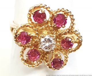 Vintage 0.  18ct Fine White Diamond Natural Ruby Ladies Floral Cluster Ring