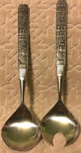 Vintage Konge - Tinn Norwegian Pewter Spoon And Fork Salad Serving Set Heilag Olav