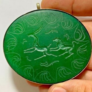 Islamic Silver Glass Etching Work Green Of Horse & Deer Run 25.  5gr 75.  5mm