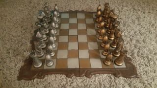 Rare 1976 Complete Vintage Chess Set With Board Scioto Ceramics Silver/bronze
