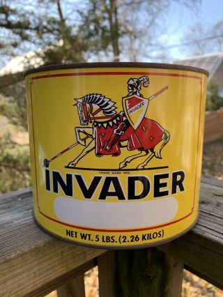 Vintage Invader Motor Oil Knight Graphic 5lb Metal Can Gas Station Sign - Empty