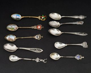 Set Of 7 Sterling Silver Collector Souvenir Spoons,  3 Gold Washed With Enamel