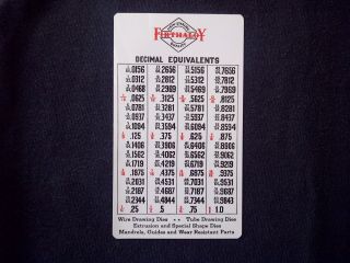 Firth Sterling Steel Company - - Decimal Equivalents Reference Card - - " Vintage "