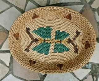 Vintage Handmade Native American Indian Oval Straw Basket Butterfly Motif Vguc