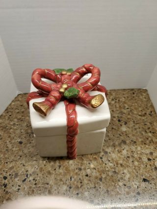 1988 Fitz & Floyd Christmas Present Gift Lidded Trinket Box W/bow Candy Dish