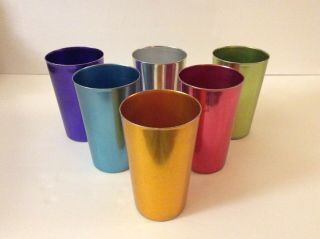 Vintage Mid Century Bascal Aluminum Tumblers Multicolor Glasses Set 6