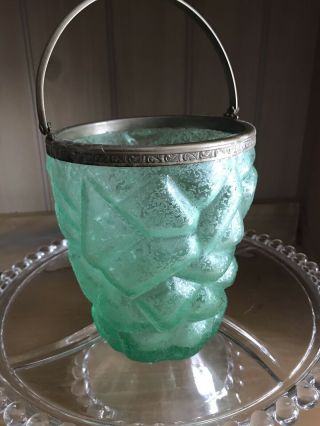 Vintage Green Glass Ice Bucket With Silver Handle