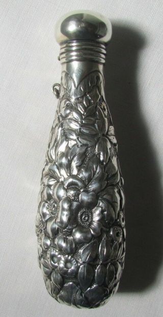 Antique Sterling Silver Perfume Scent Bottle Floral Repousse Flask Ex -