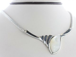 Sterling Silver 925 Hinged Wheat Chain Drop Mother Of Pearl Panel Necklace - 17 "
