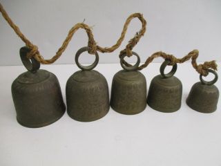 Set Of 5 Vintage Etched Brass Bell Chimes - Floral Design
