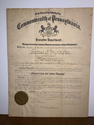 Certificate Justice Of Peace,  1892,  Signed By The Governor Robert E.  Pattison