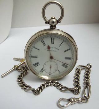 Lovely Swiss Antique C.  1900 Solid Silver Pocket Watch & Albert Chain