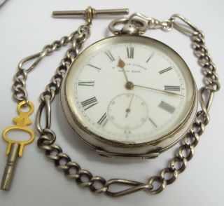 LOVELY SWISS ANTIQUE c.  1900 SOLID SILVER POCKET WATCH & ALBERT CHAIN 2