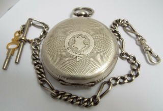 LOVELY SWISS ANTIQUE c.  1900 SOLID SILVER POCKET WATCH & ALBERT CHAIN 3