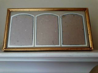 Vintage Art Deco Brass Finish Triple Picture Frame (3) 3 1/2 X 5 Photo Openings