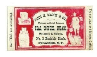 1860s Trade Card - Scarce Cameo Embossed - John H Mann & Co Coffee Syracuse Ny