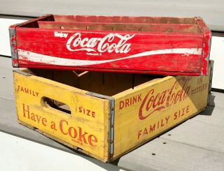 (2) Vintage Wooden Coca Cola Coke Advertising Carrier Crates Box Red / Yellow