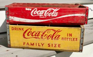 (2) Vintage WOODEN COCA COLA Coke Advertising Carrier Crates Box RED / YELLOW 2