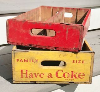 (2) Vintage WOODEN COCA COLA Coke Advertising Carrier Crates Box RED / YELLOW 3