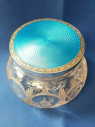 Antique Guilloche Blue Enamel And Sterling Silver Vanity Jar 1926