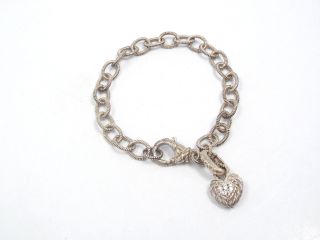 Judith Ripka Sterling Silver Cz Puffy Heart Charm Link Bracelet,  17.  4 Grams
