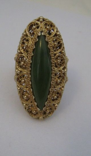 Uncommon Vintage Mid 20th C.  10k Gold & Jade Size 8 & 10 Gm Ring 1 ½” Retro
