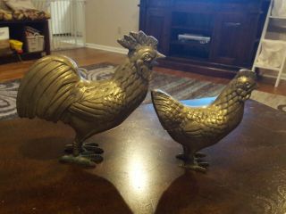Vintage Solid Brass Figurines Rooster And Hen Chicken Farm Large Heavy Pair Bird