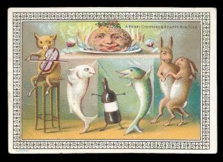 T57 - Anthropomorphic Dancing Animals And Food - Goodall - Victorian Xmas Card