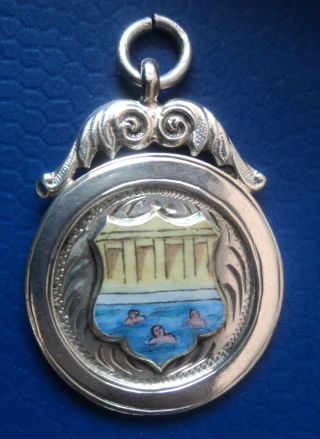 Attractive Silver Enamel Swimming Medal / Fob - Not Engraved 1925 F.  H.  Adams