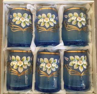 Vintage Czech Bohemian Cobalt Blue Hand Painted Floral/gold Glasses Set Of 6