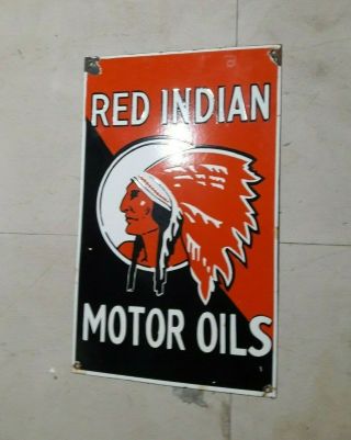 Porcelain Red Indian Motor Oil Enamel Sign Size 13.  5 " X 20 " Inches