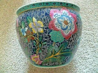 Large 10 " Tall Chinese Porcelain Koi Fish Bowl Jardiniere Planter Pot,  Vintage