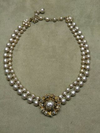Vintage Signed Miriam Haskell Faux Baroque Pearl & Rhinestone Necklace