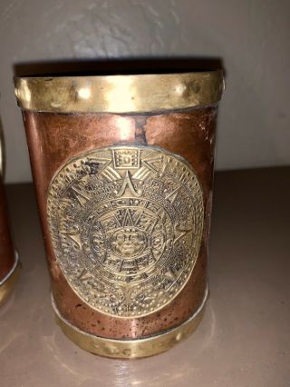 Set of 2 Vintage Brass Copper Aztec Mayan Sun God Mexico Mugs Steins Tapered Top 3