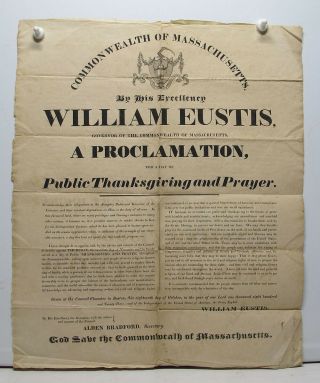 Antique 1823 Broadside Massachusetts Gov William Eustis Public Thanksgiving Yqz