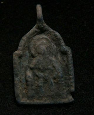 Medieval Bronze Religious Cross Pendant Saint Image 1200 - 1250 Ad