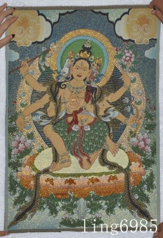 Tibet Buddhism Cloth 3 Head 6 Arms Namgyalma God Statue Thangkas Tangka