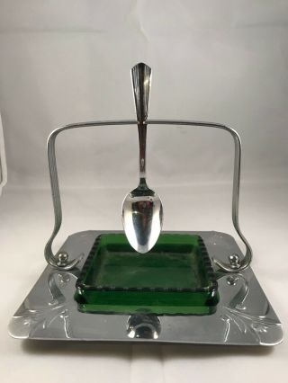Vintage Krome - Kraft Farber Bros Metal Handled Tray With Green Glass Insert
