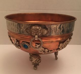 Vtg 9 " Asian Oriental Styled Brass Copper Planter Pot Dragon Jeweled W Handles