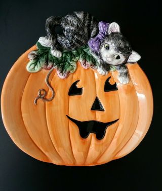 Fitz & Floyd Halloween Kitty Canape Plate Pumpkin And Cat