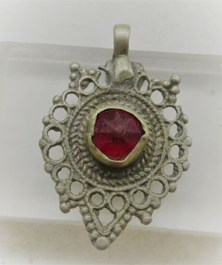 Late Medieval Islamic Silvered Pendant With Red Stone Insert