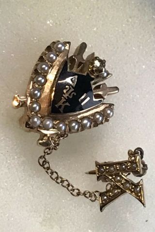 Estate Antique 14k Solid Gold Delta Psi Kappa Diamond Seed Pearl & K Pin Pair