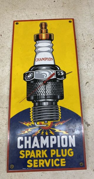 Vintage Champion Spark Plug Gasoline Porcelain Sign Gas Metal W/ Clock