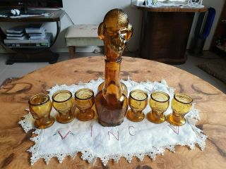 Yellow Glass Poodle Decanter & 6 Glasses