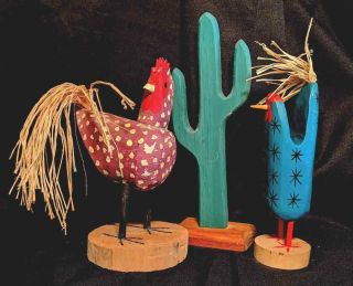 Two Old Vtg Carved Wood Navajo Indian Folk Art Chickens & Wood Saguaro Cactus