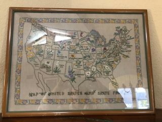 Vintage 1948 Hand Embroidered Needlepoint Us Map W/ Flowers Framed