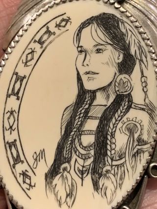 Vintage Scrimshaw Pendant Set In Navajo Style Sterling Signed