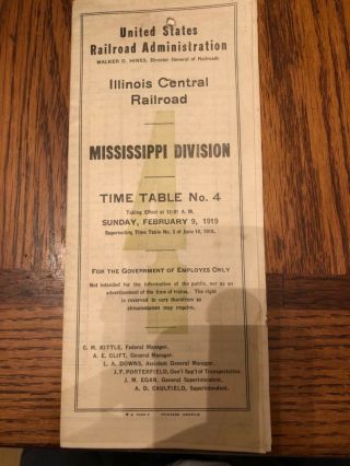 1919 Illinois Central Railroad - Time Table 4 Mississippi Division