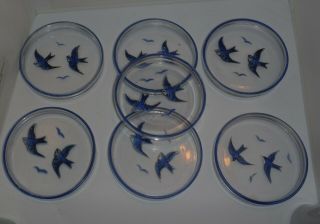 Set Of 7 Vintage Clear Glass Coasters Featuring Flying Bluebird & Blue Rim