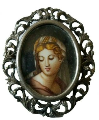 Vintage Antique Pendant Brooch/pin In 800 Silver,  Hand Painted Portrait